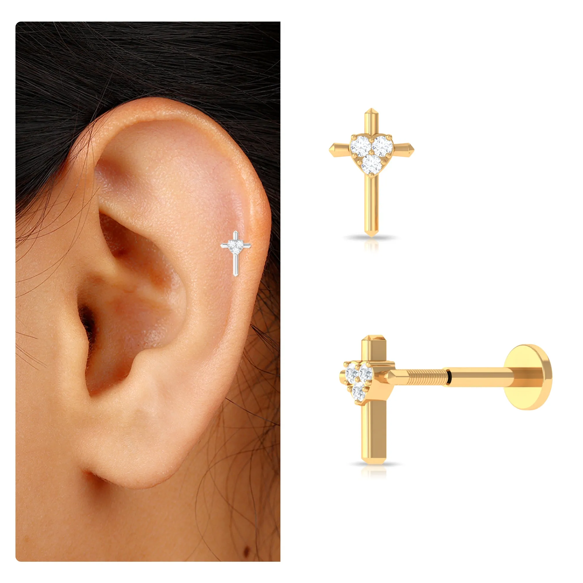 Round Natural Diamond Gold Cross Helix Earring