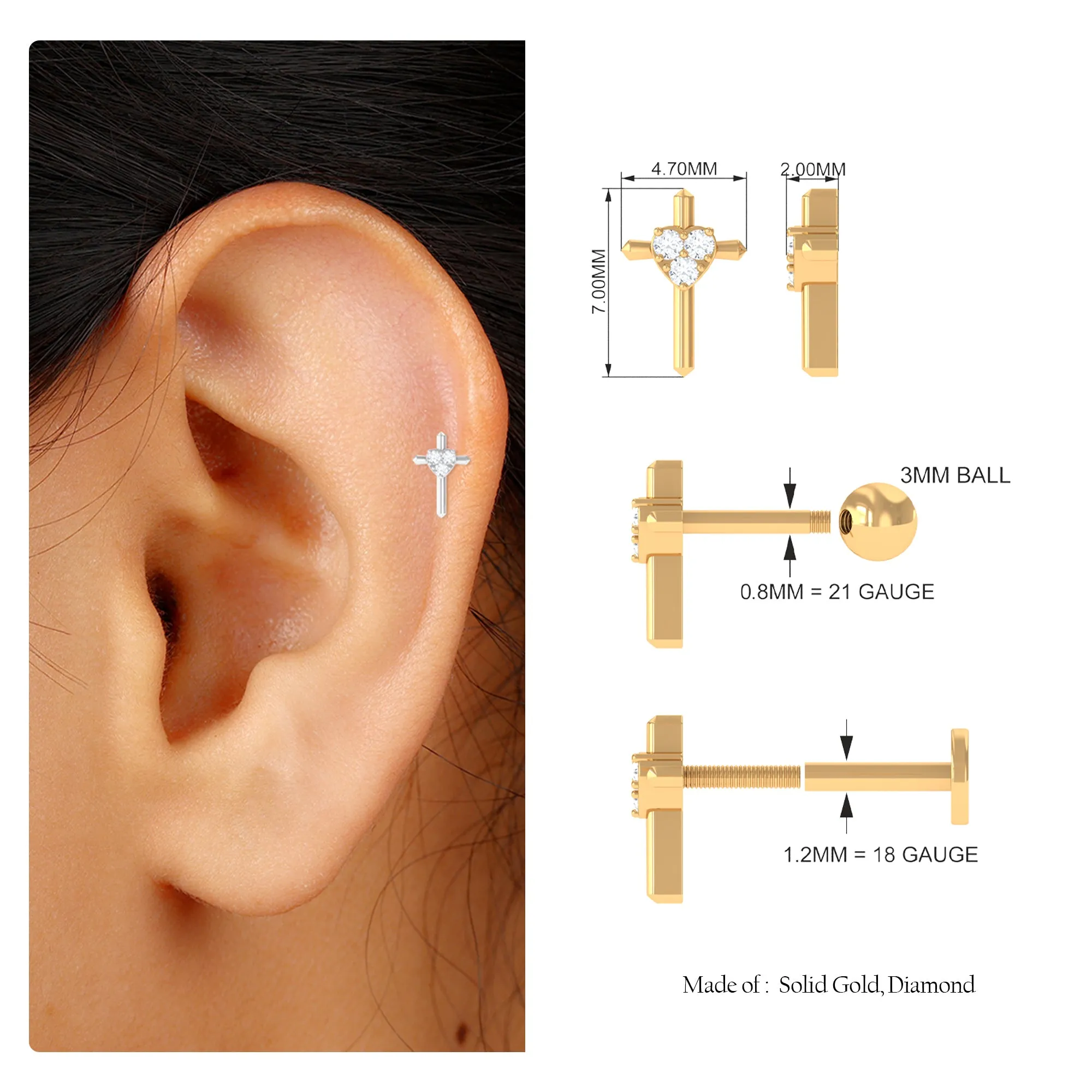 Round Natural Diamond Gold Cross Helix Earring