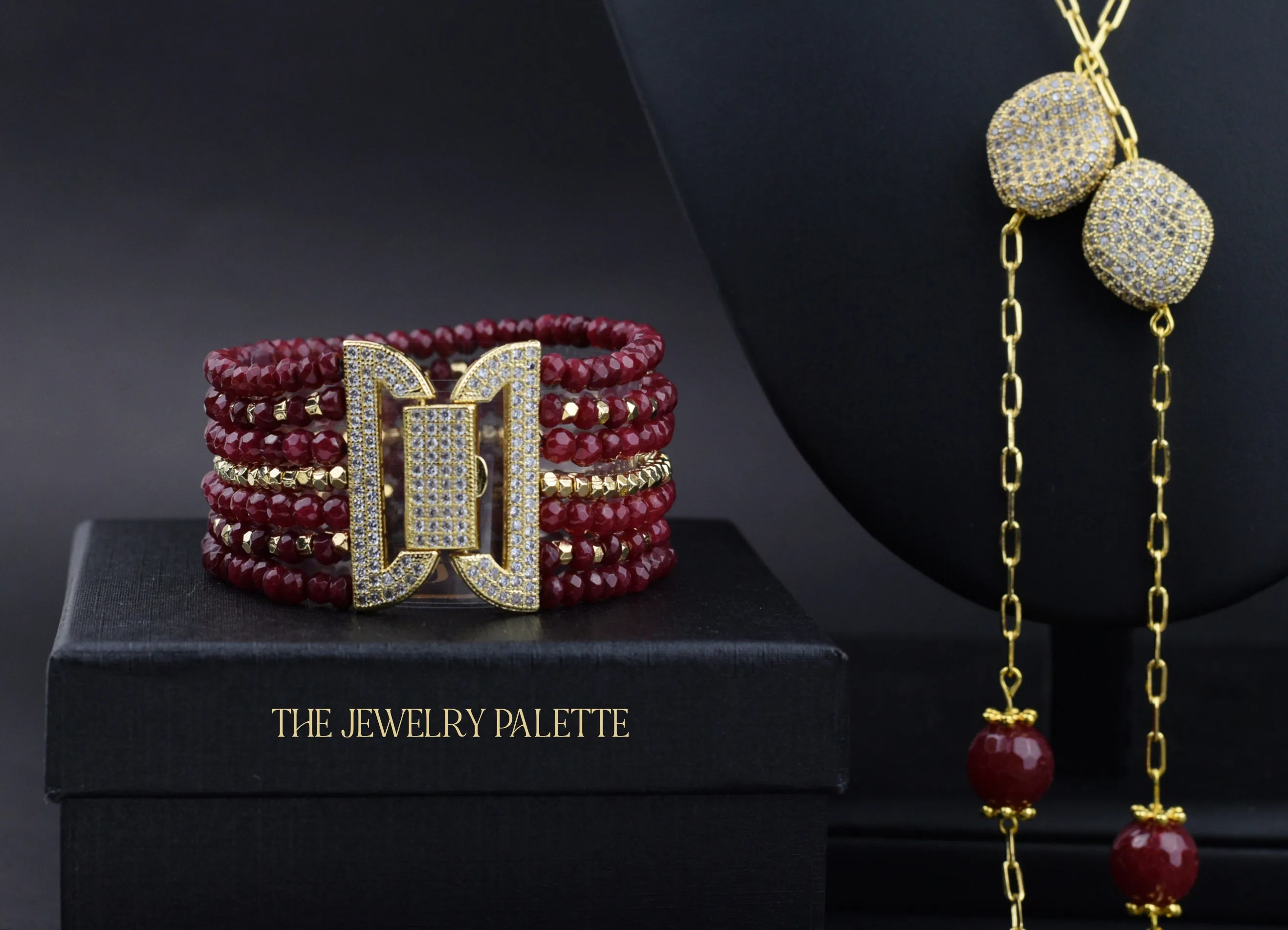 Roxanne maroon gemstones and gold chain necklace