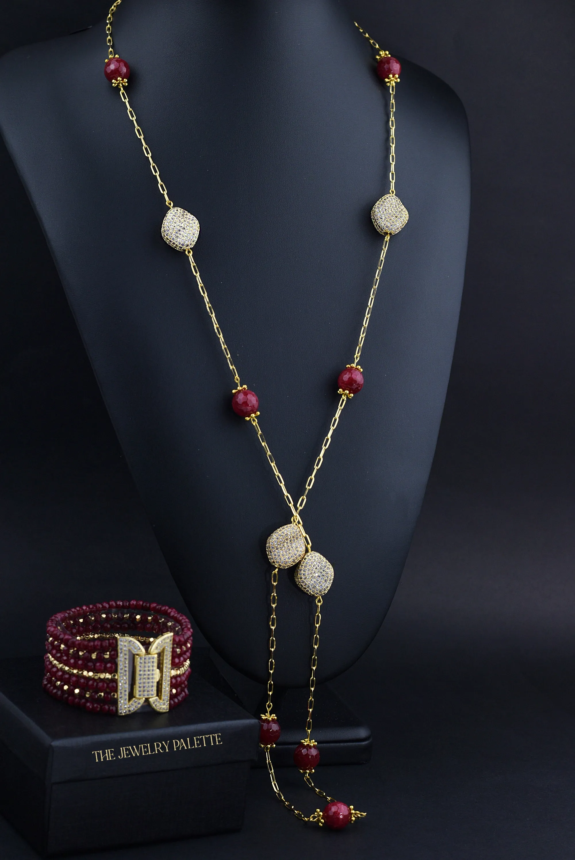 Roxanne maroon gemstones and gold chain necklace