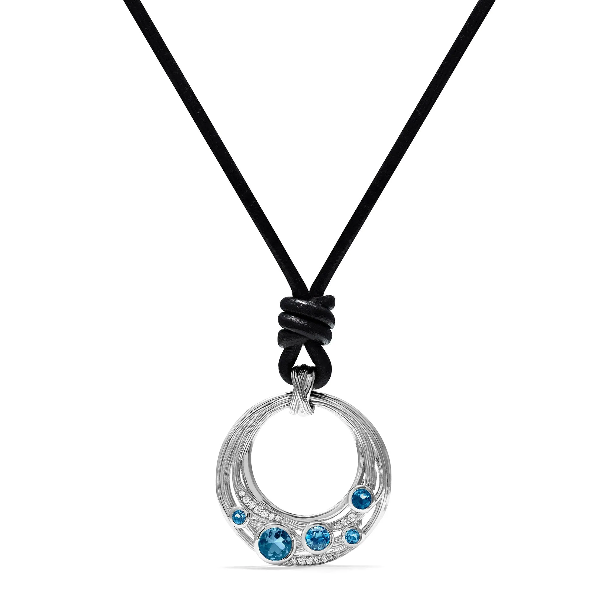 Santorini Long Black Leather Cord Necklace with London Blue Topaz and Diamonds