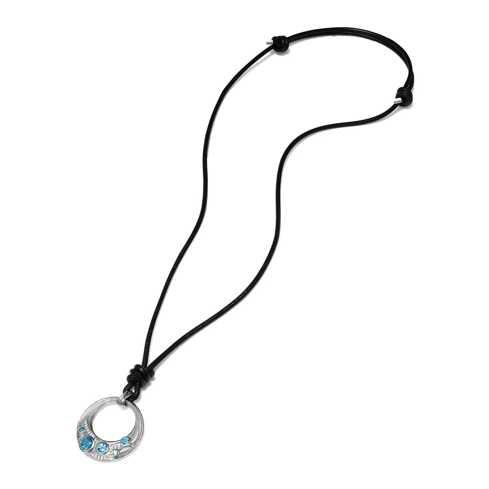 Santorini Long Black Leather Cord Necklace with London Blue Topaz and Diamonds