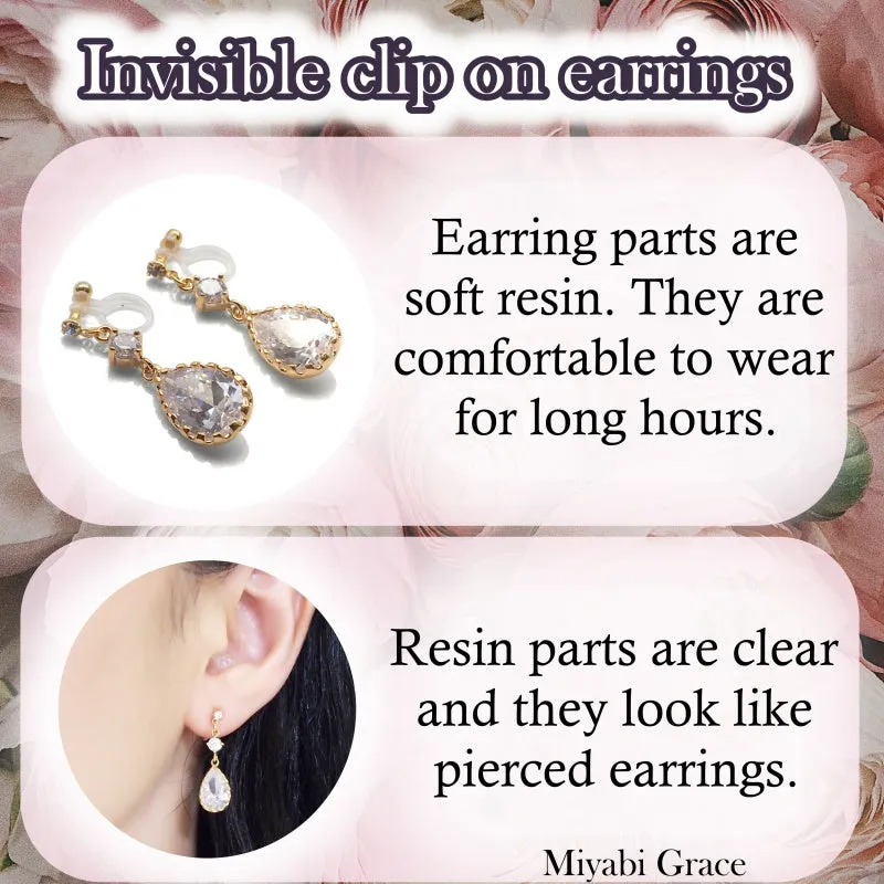 Silver Clear Crystal Heart Invisible Clip On Stud Earrings
