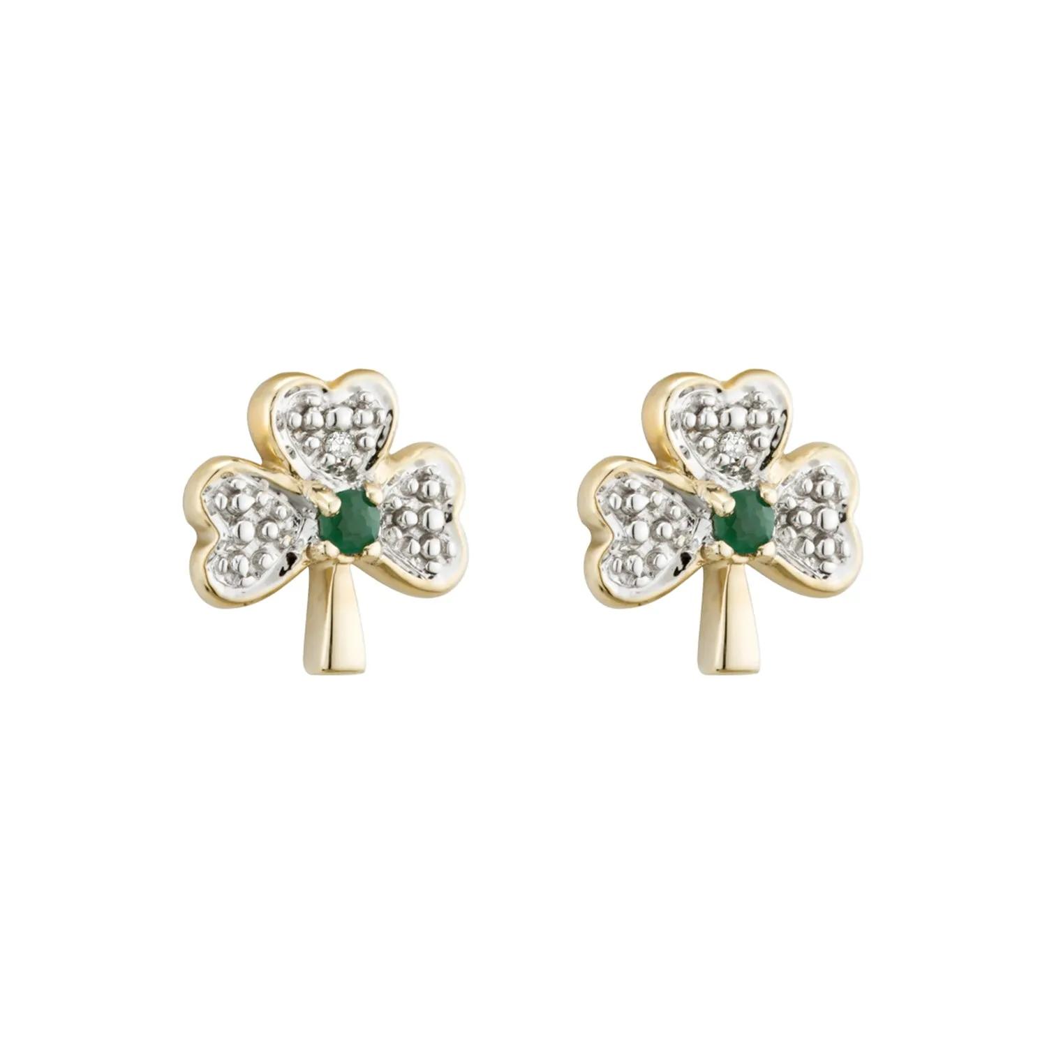 Small Shamrock Earrings with Diamond & Emerald, Yellow Gold