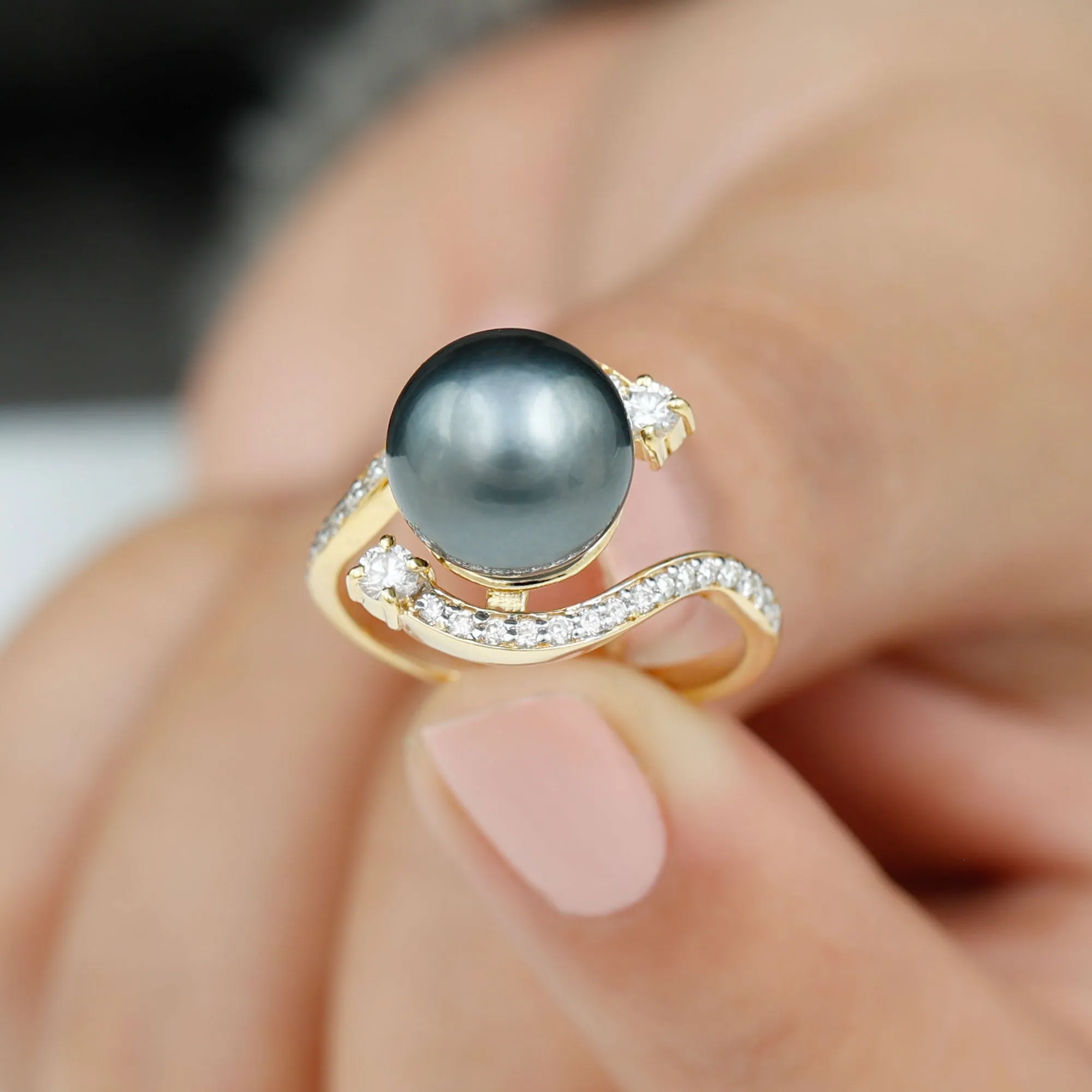 Solitaire Tahitian Pearl Bypass Engagement Ring with Diamond in Gold