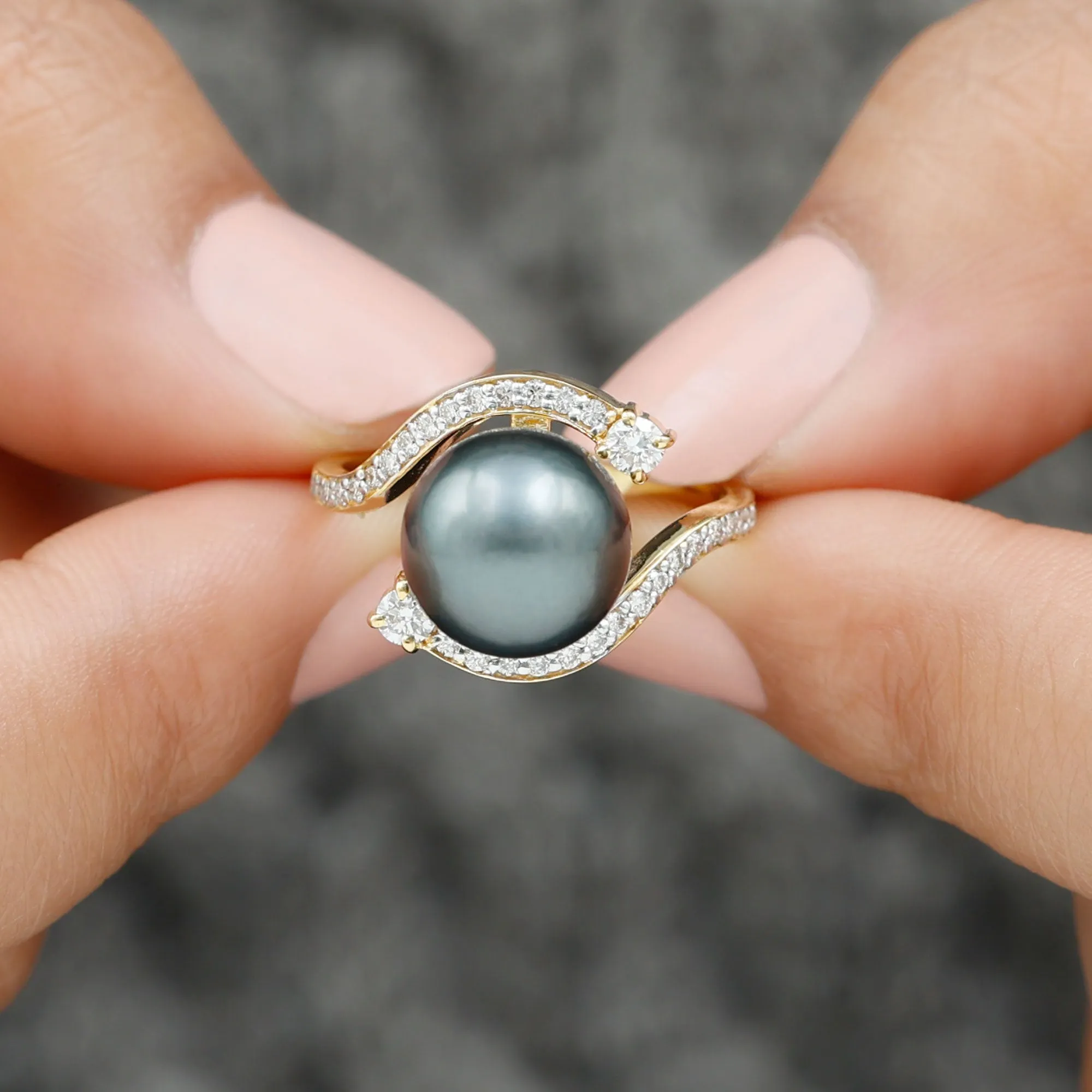 Solitaire Tahitian Pearl Bypass Engagement Ring with Diamond in Gold