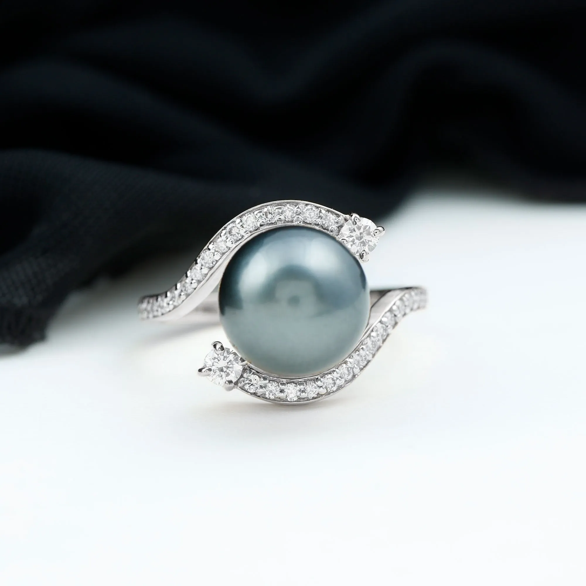 Solitaire Tahitian Pearl Bypass Engagement Ring with Diamond in Gold