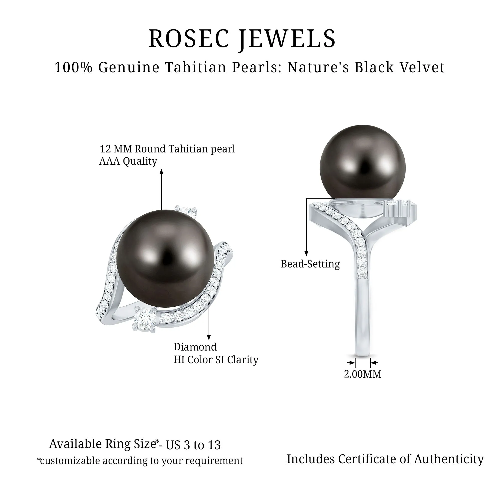 Solitaire Tahitian Pearl Bypass Engagement Ring with Diamond in Gold