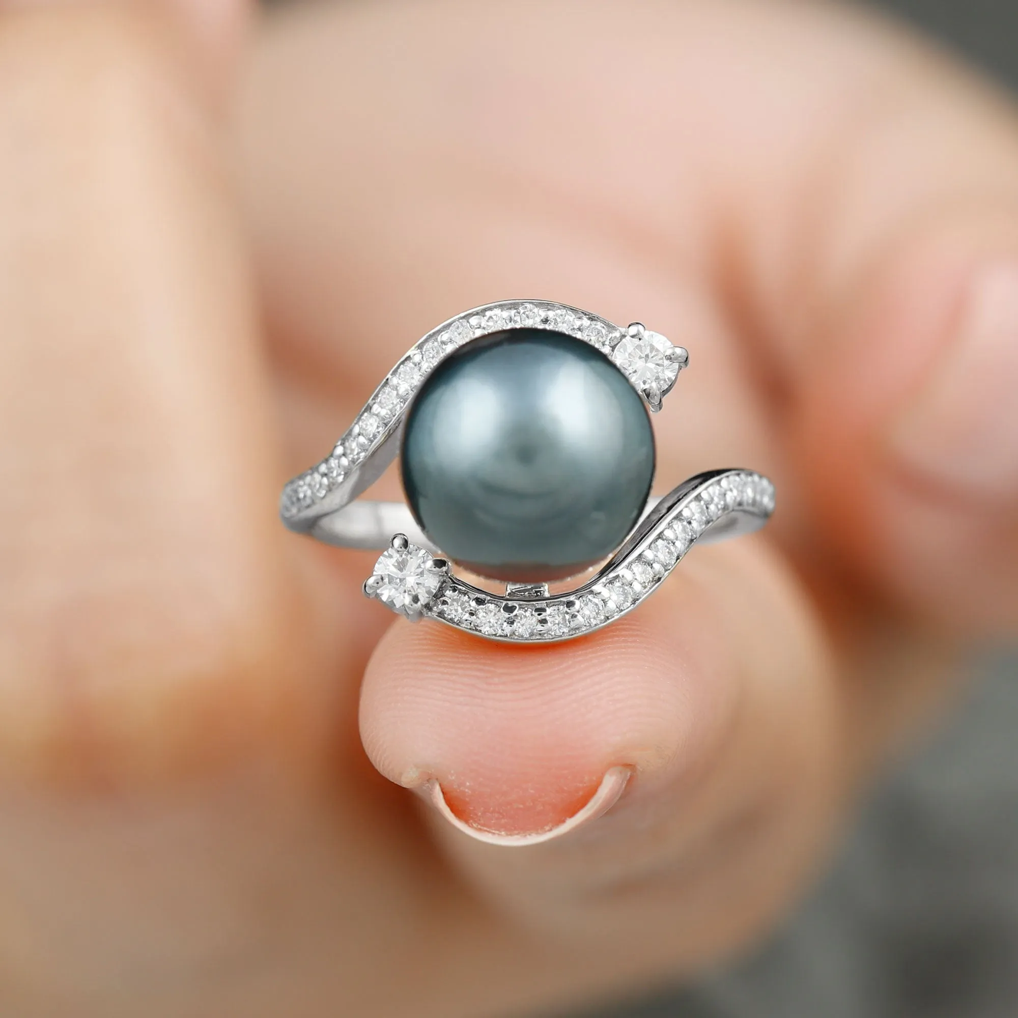 Solitaire Tahitian Pearl Bypass Engagement Ring with Diamond in Gold