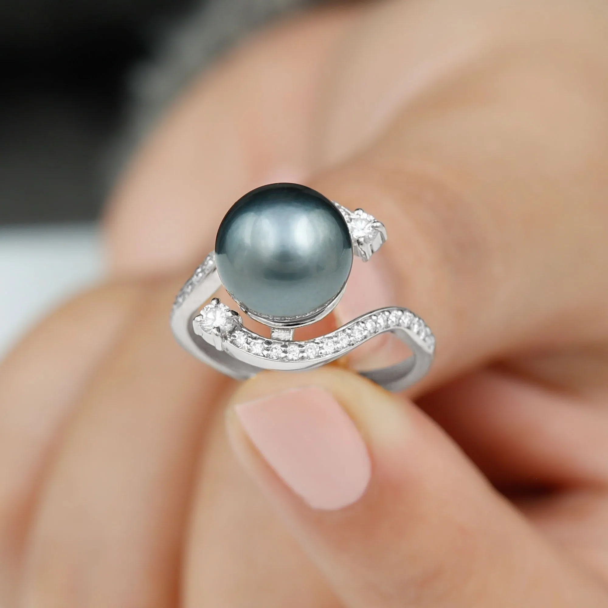 Solitaire Tahitian Pearl Bypass Engagement Ring with Diamond in Gold