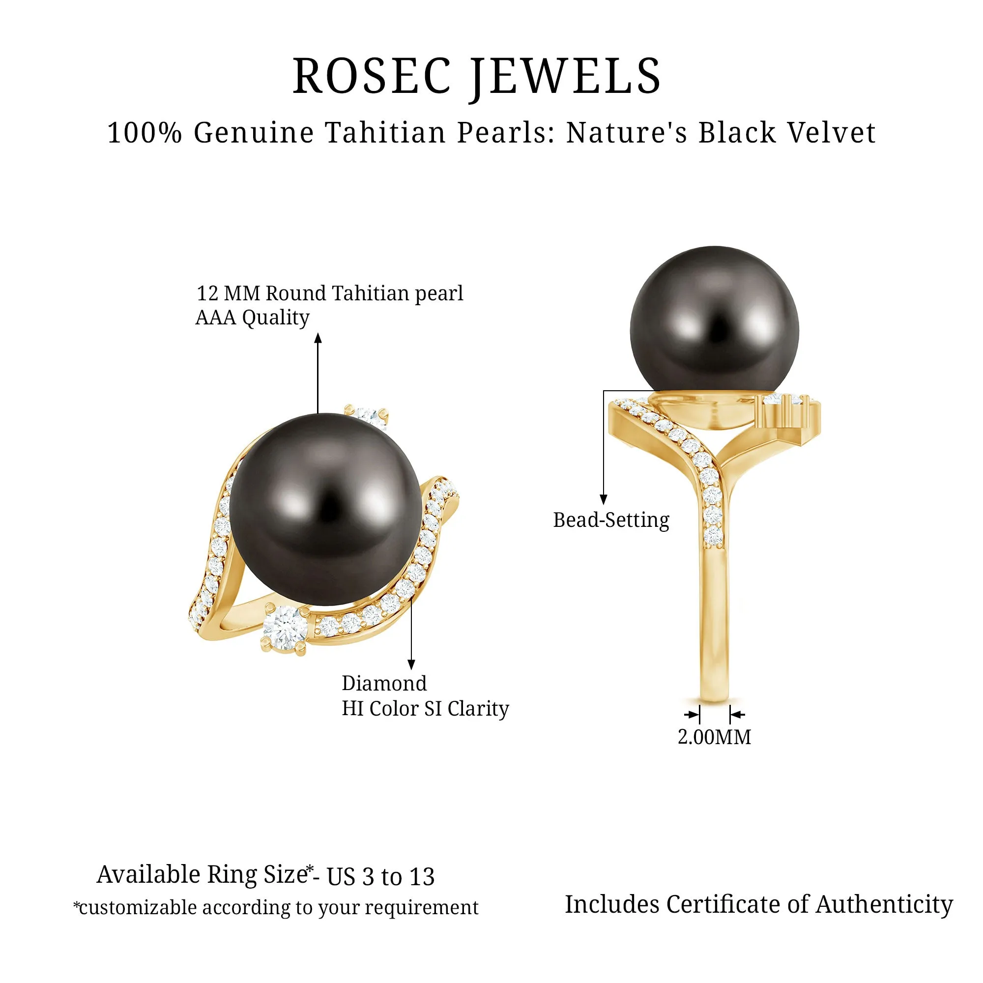 Solitaire Tahitian Pearl Bypass Engagement Ring with Diamond in Gold