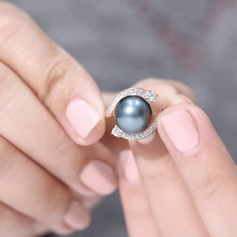 Solitaire Tahitian Pearl Bypass Engagement Ring with Diamond in Gold