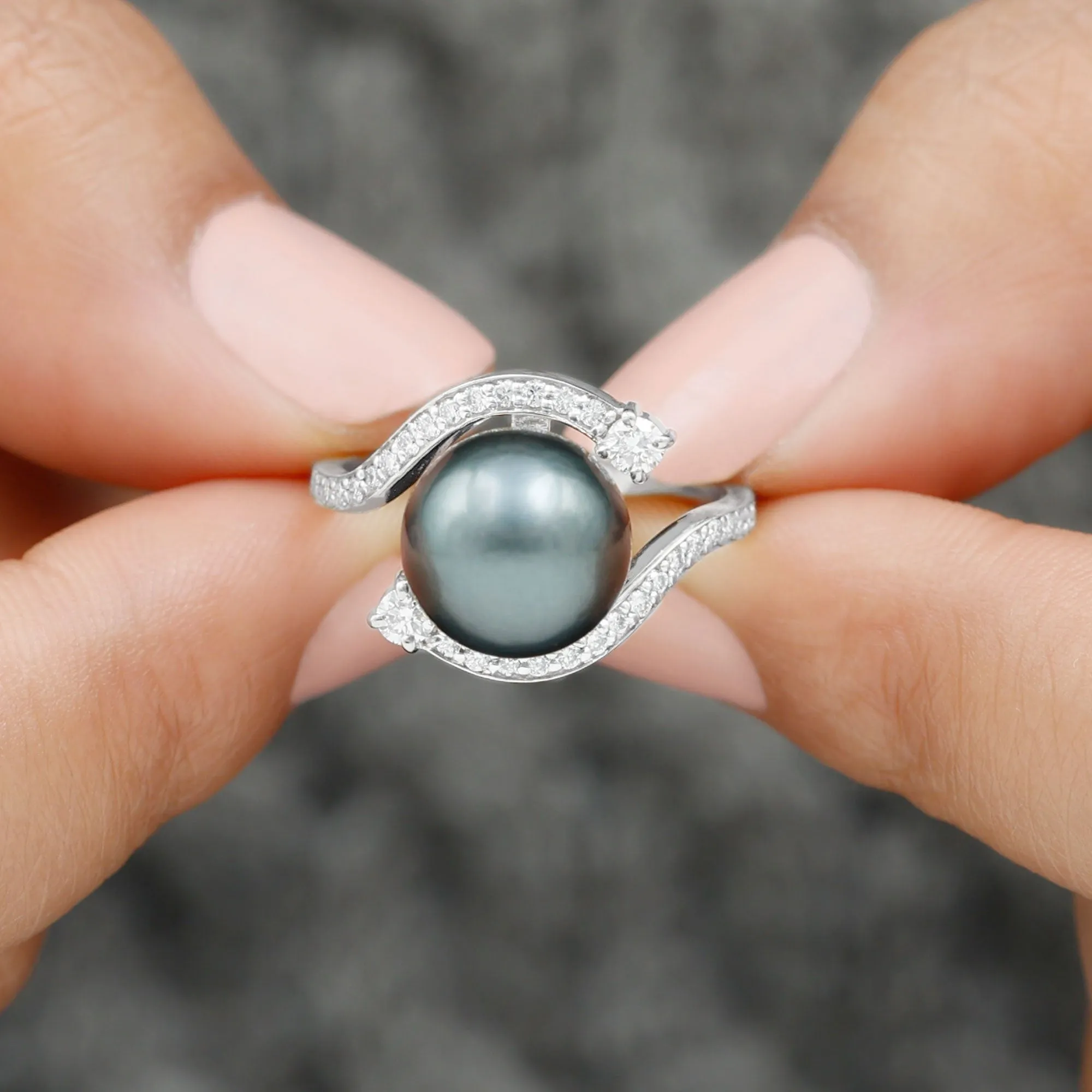Solitaire Tahitian Pearl Bypass Engagement Ring with Diamond in Gold