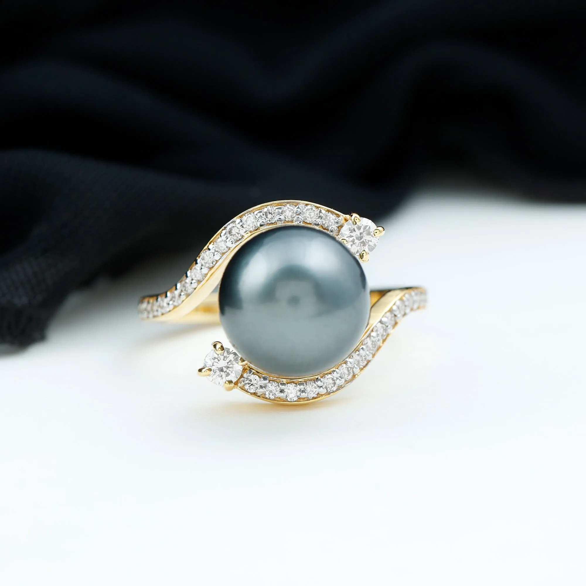 Solitaire Tahitian Pearl Bypass Engagement Ring with Diamond in Gold