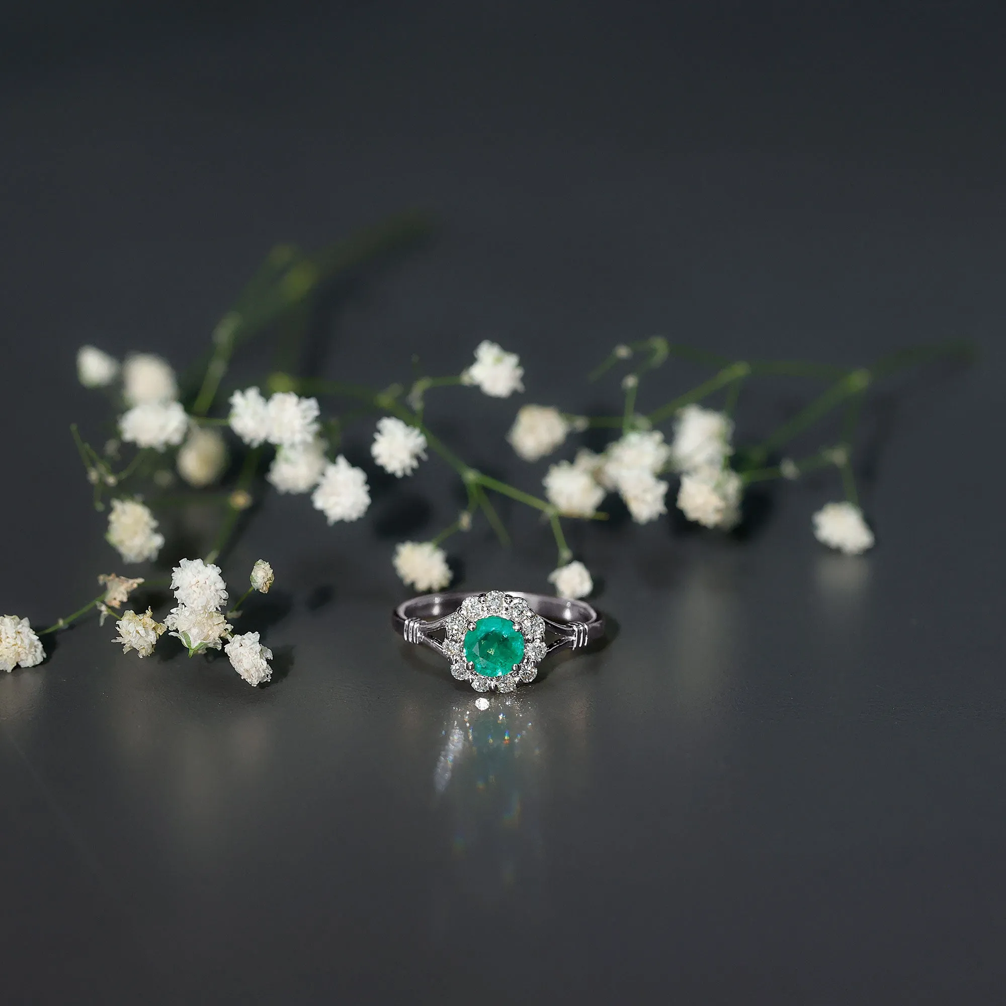 Split Shank Emerald Flower Engagement Ring with Diamond