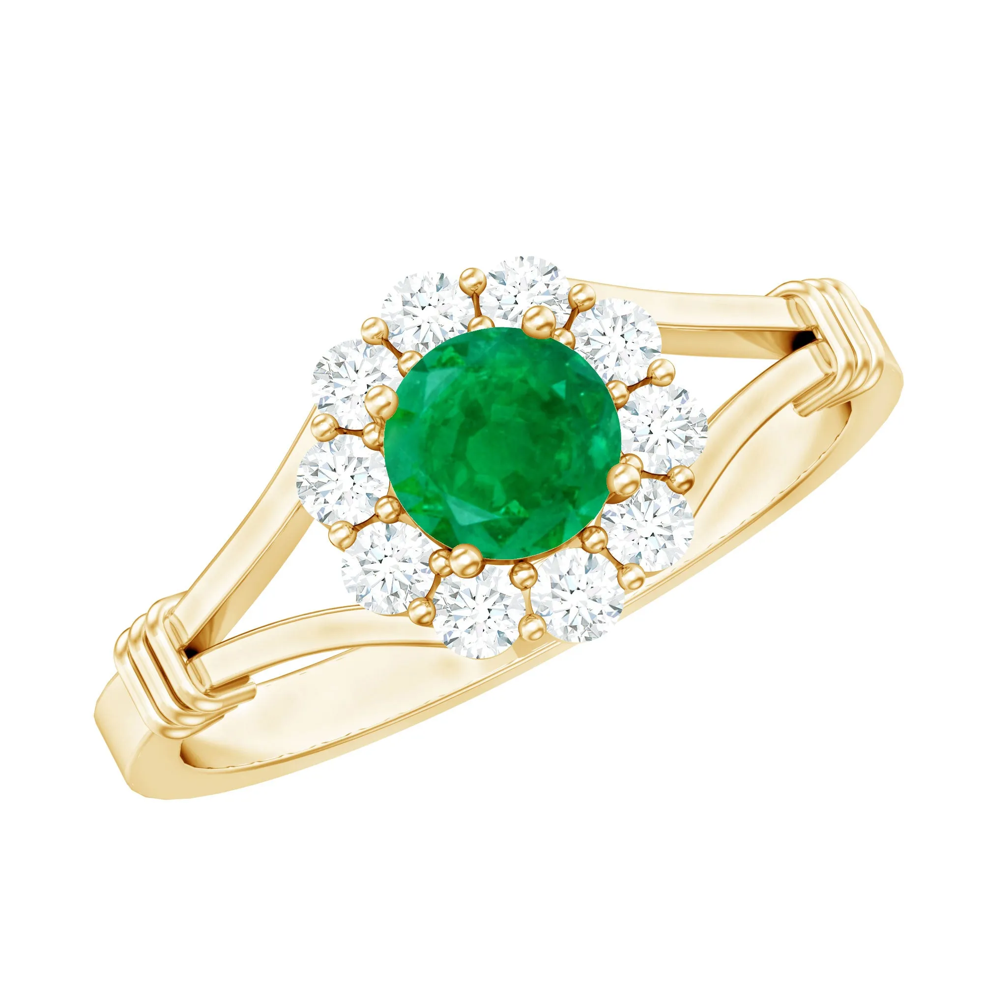 Split Shank Emerald Flower Engagement Ring with Diamond