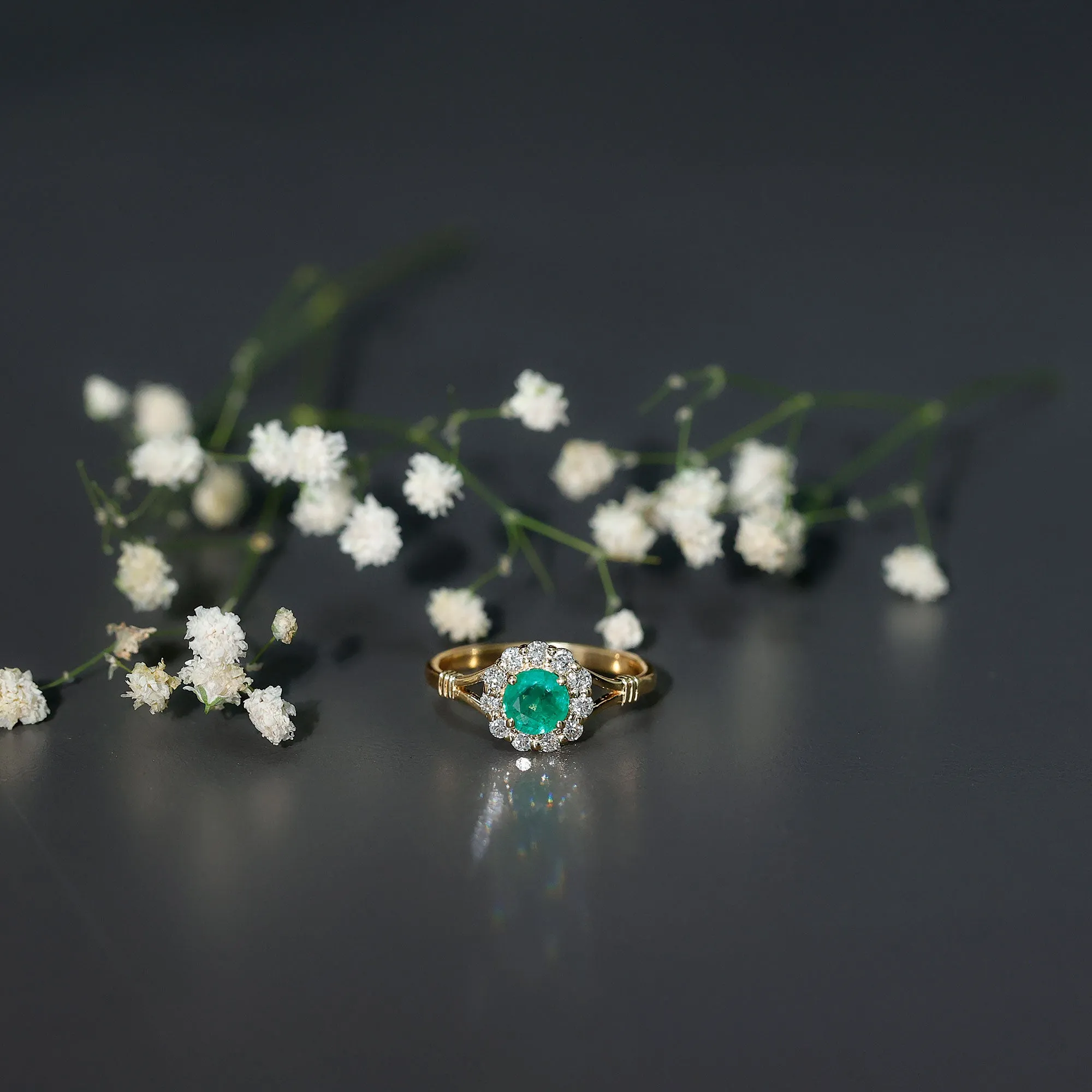 Split Shank Emerald Flower Engagement Ring with Diamond