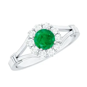 Split Shank Emerald Flower Engagement Ring with Diamond