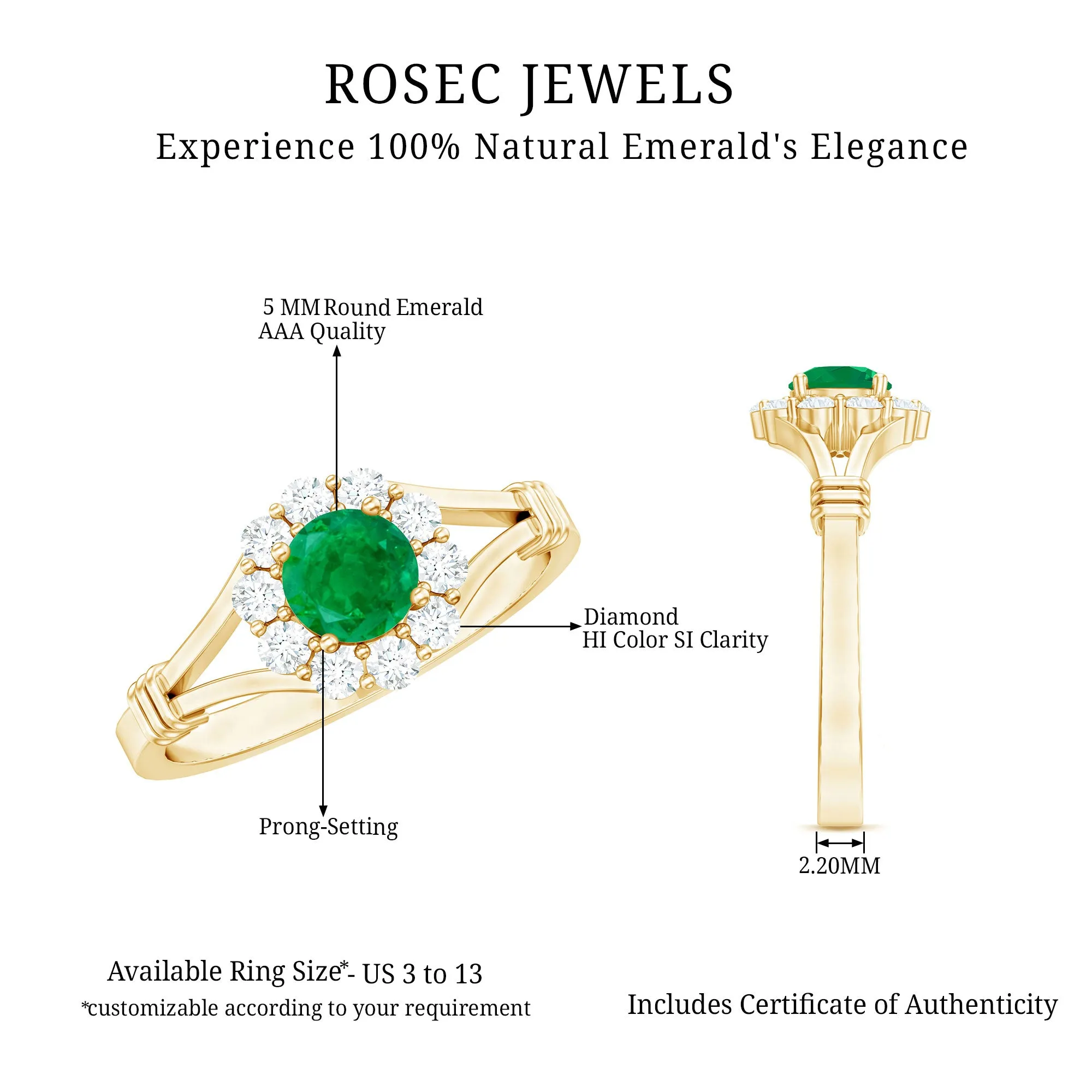 Split Shank Emerald Flower Engagement Ring with Diamond