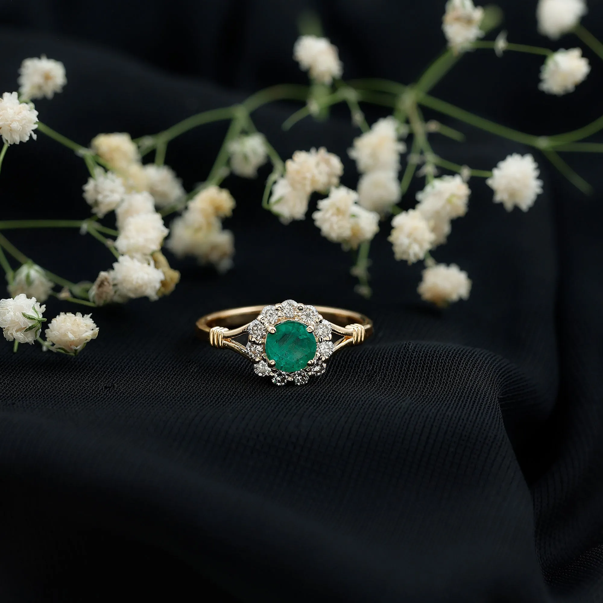 Split Shank Emerald Flower Engagement Ring with Diamond