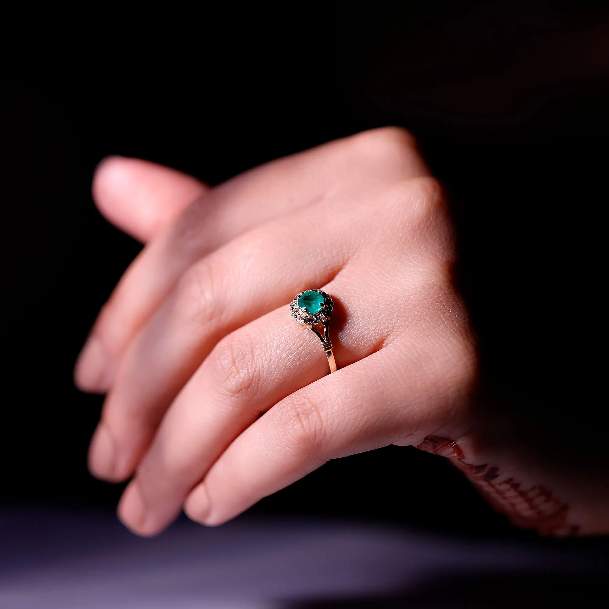 Split Shank Emerald Flower Engagement Ring with Diamond