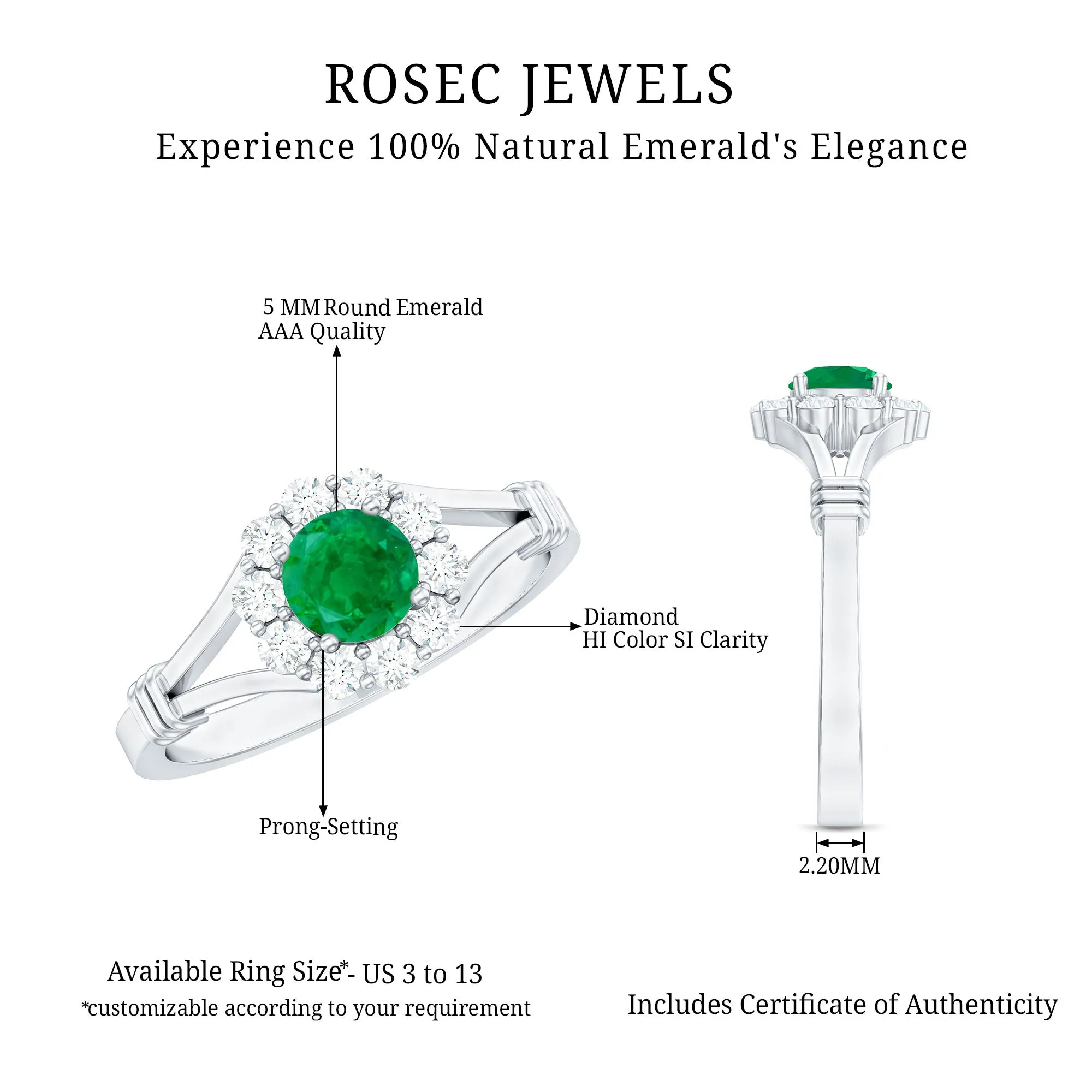 Split Shank Emerald Flower Engagement Ring with Diamond
