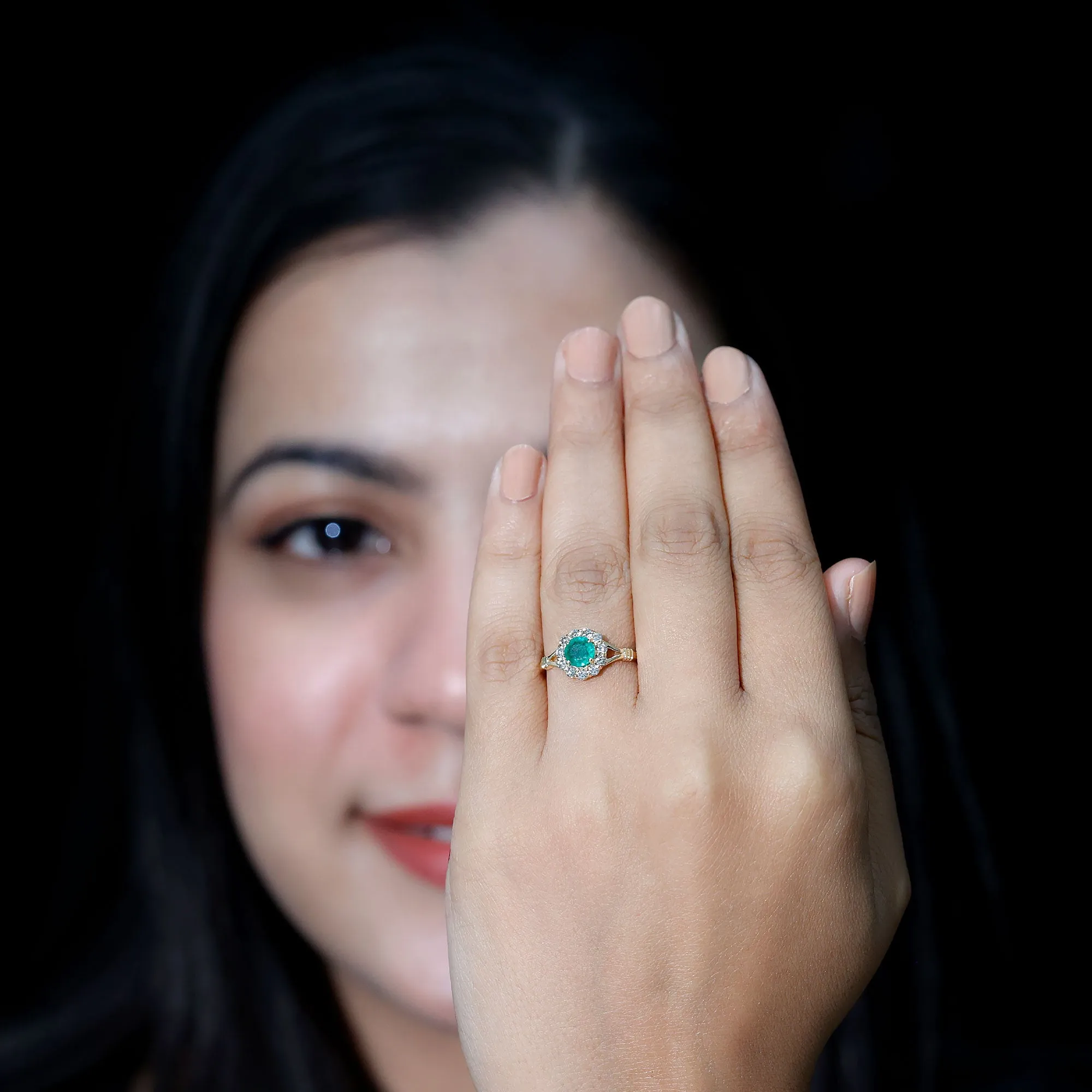 Split Shank Emerald Flower Engagement Ring with Diamond