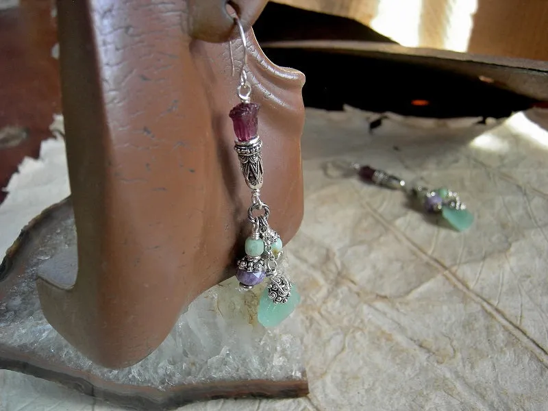 Spring Flowers, Purple & Green Gemstone, Glass Flowers & Leaves