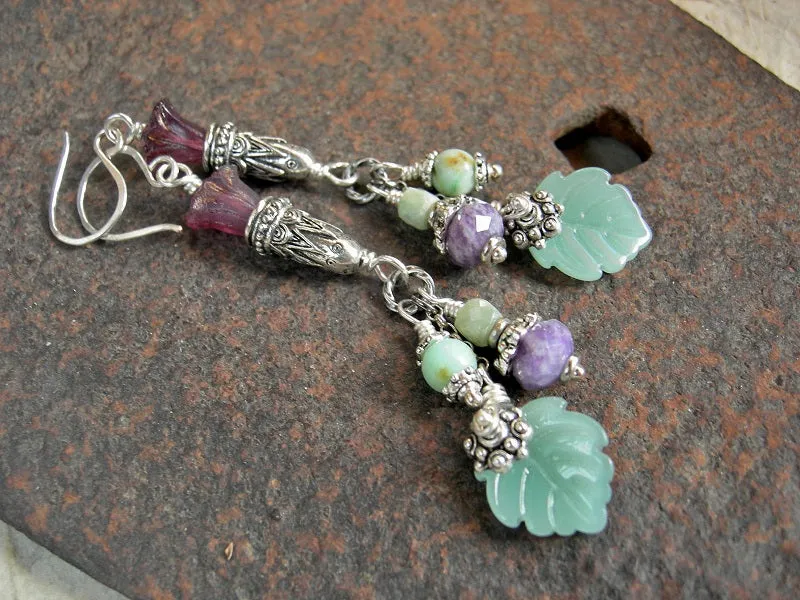 Spring Flowers, Purple & Green Gemstone, Glass Flowers & Leaves