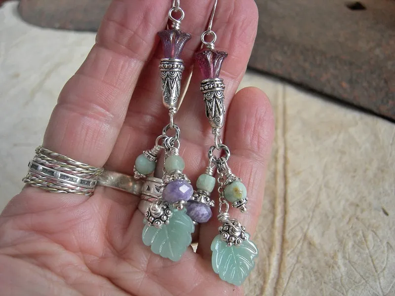 Spring Flowers, Purple & Green Gemstone, Glass Flowers & Leaves