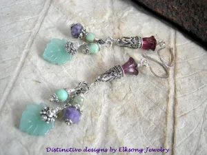 Spring Flowers, Purple & Green Gemstone, Glass Flowers & Leaves