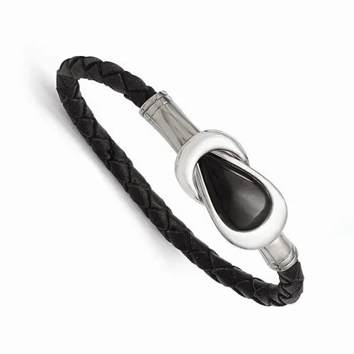 Stainless Steel Polished Black Onyx Leather Bracelet