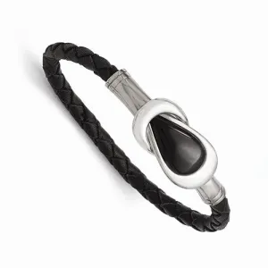 Stainless Steel Polished Black Onyx Leather Bracelet