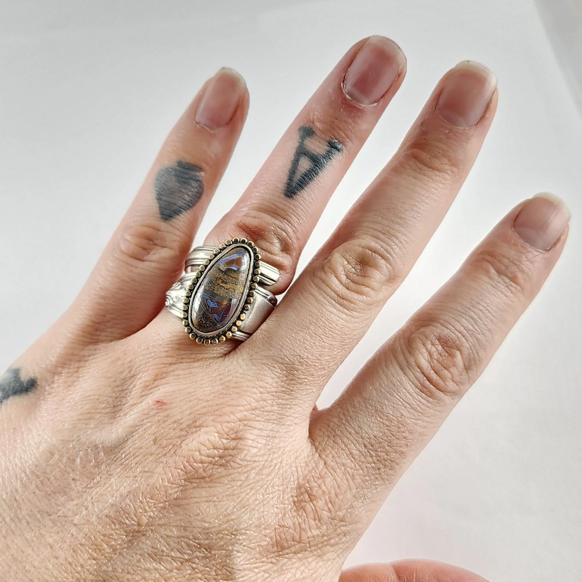 Sterling Silver Boulder Opal Spoon Ring Size 6.5