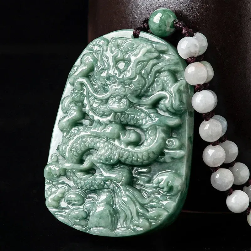 The Vault | Large Premium Hand Carved Dragon Jadeite Long Drop Necklace