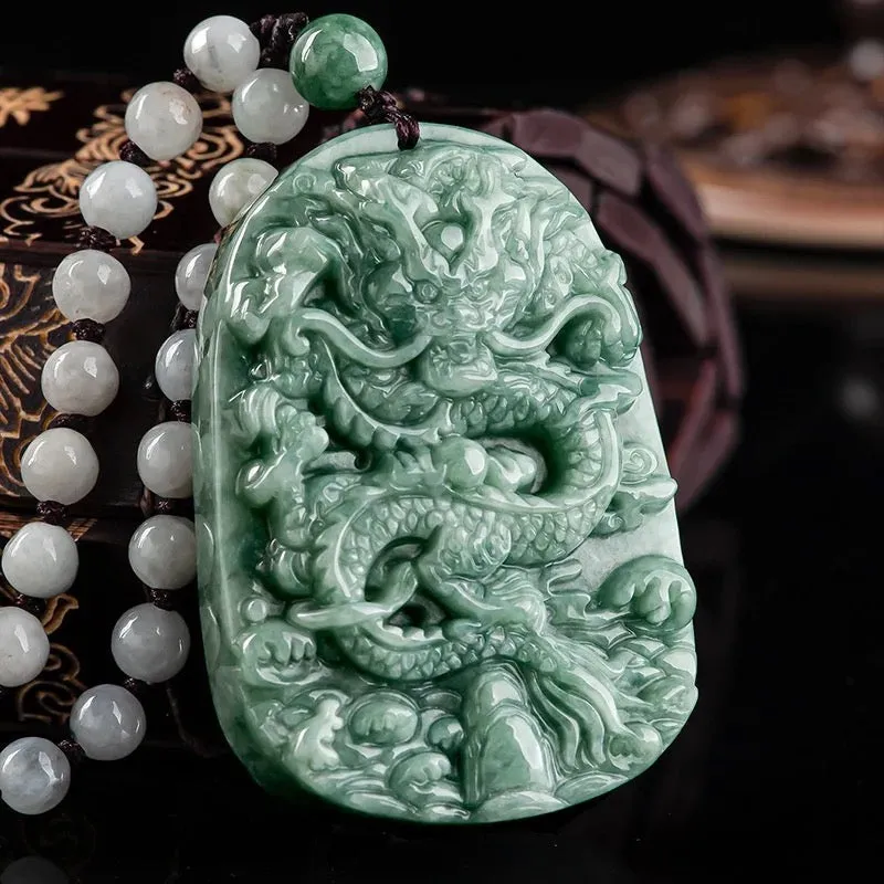 The Vault | Large Premium Hand Carved Dragon Jadeite Long Drop Necklace