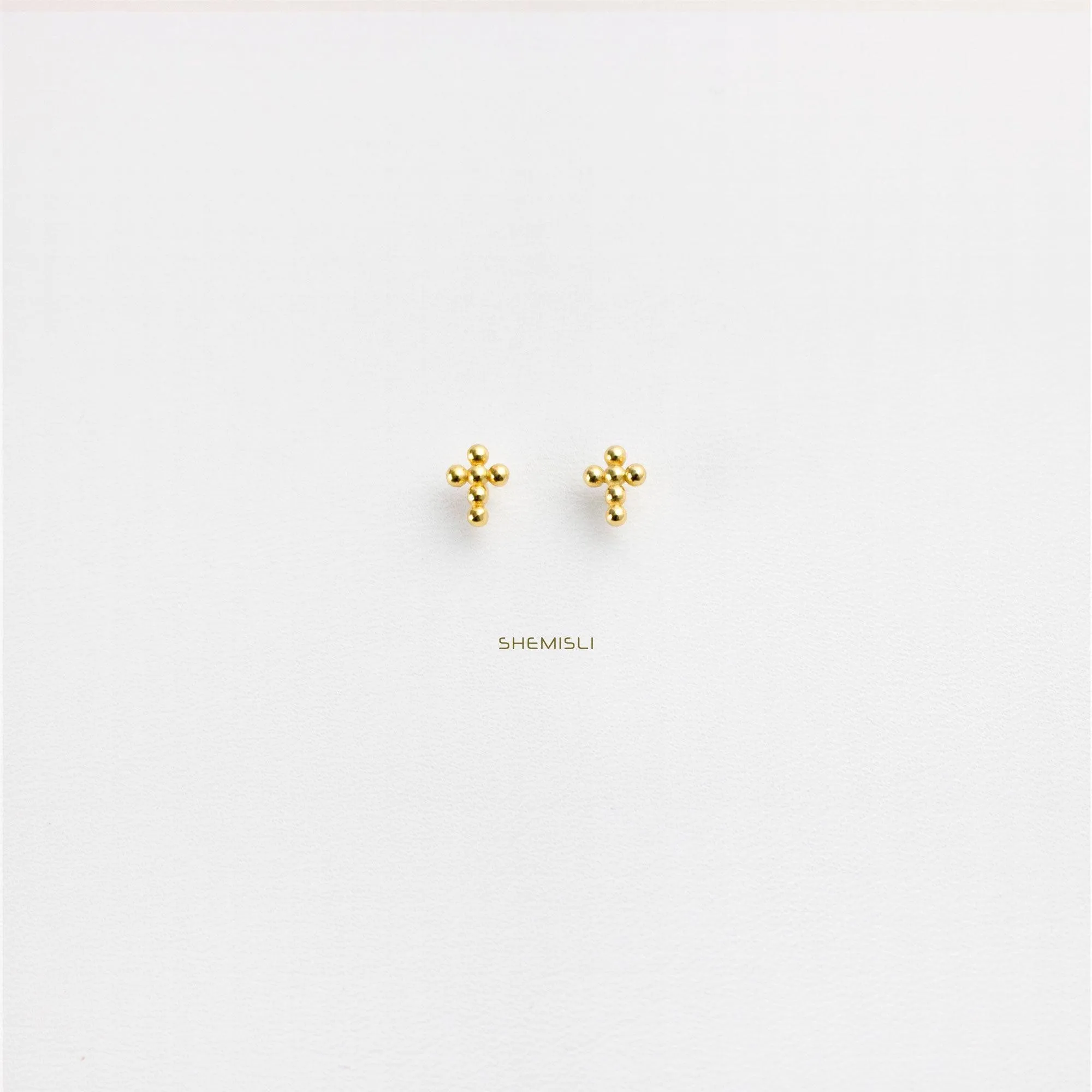 Tiny Beaded Cross Studs Earrings, Gold, Silver SHEMISLI SS047
