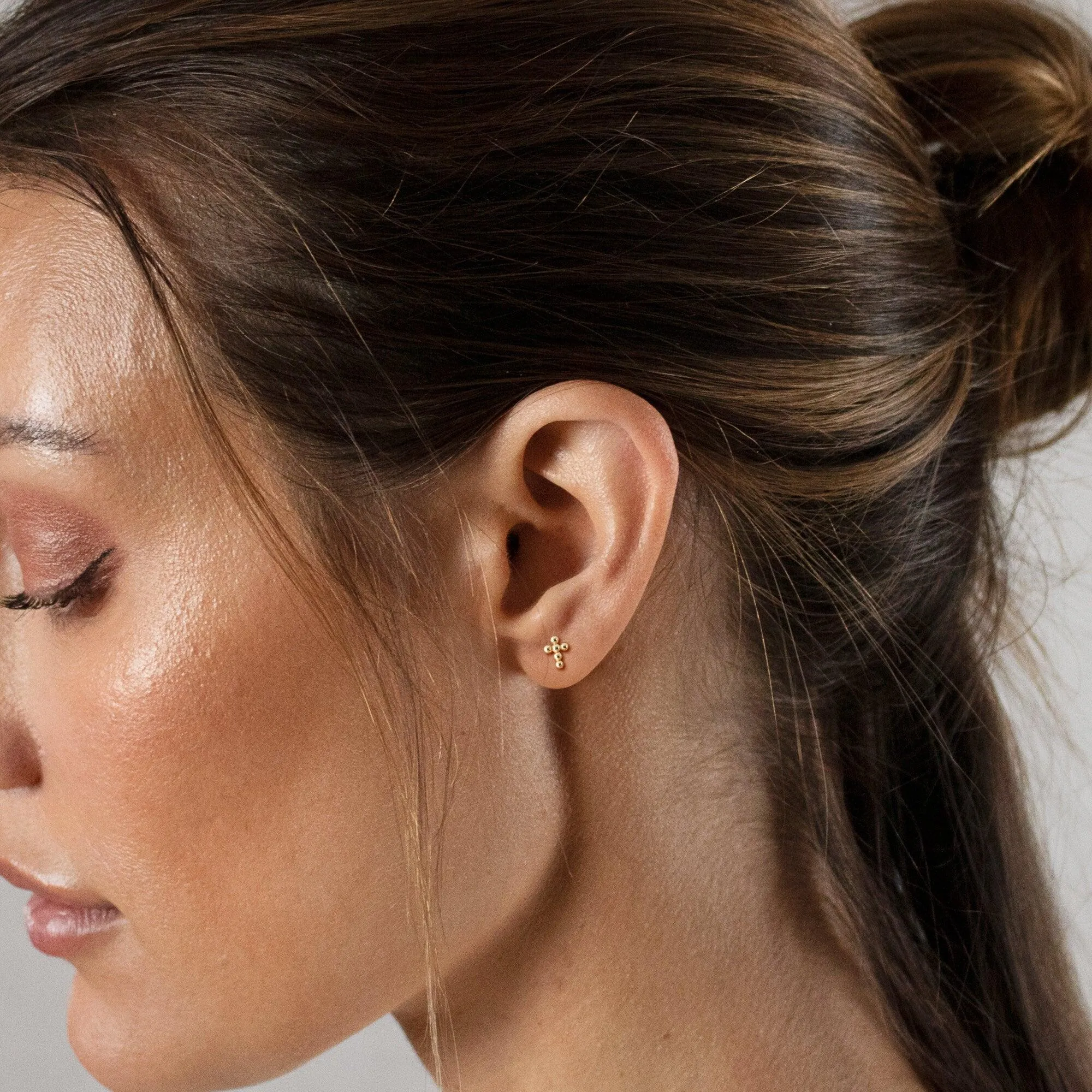Tiny Beaded Cross Studs Earrings, Gold, Silver SHEMISLI SS047