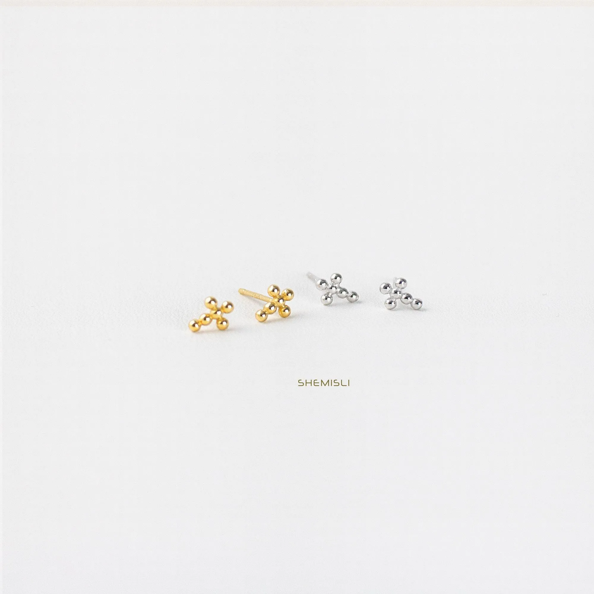 Tiny Beaded Cross Studs Earrings, Gold, Silver SHEMISLI SS047