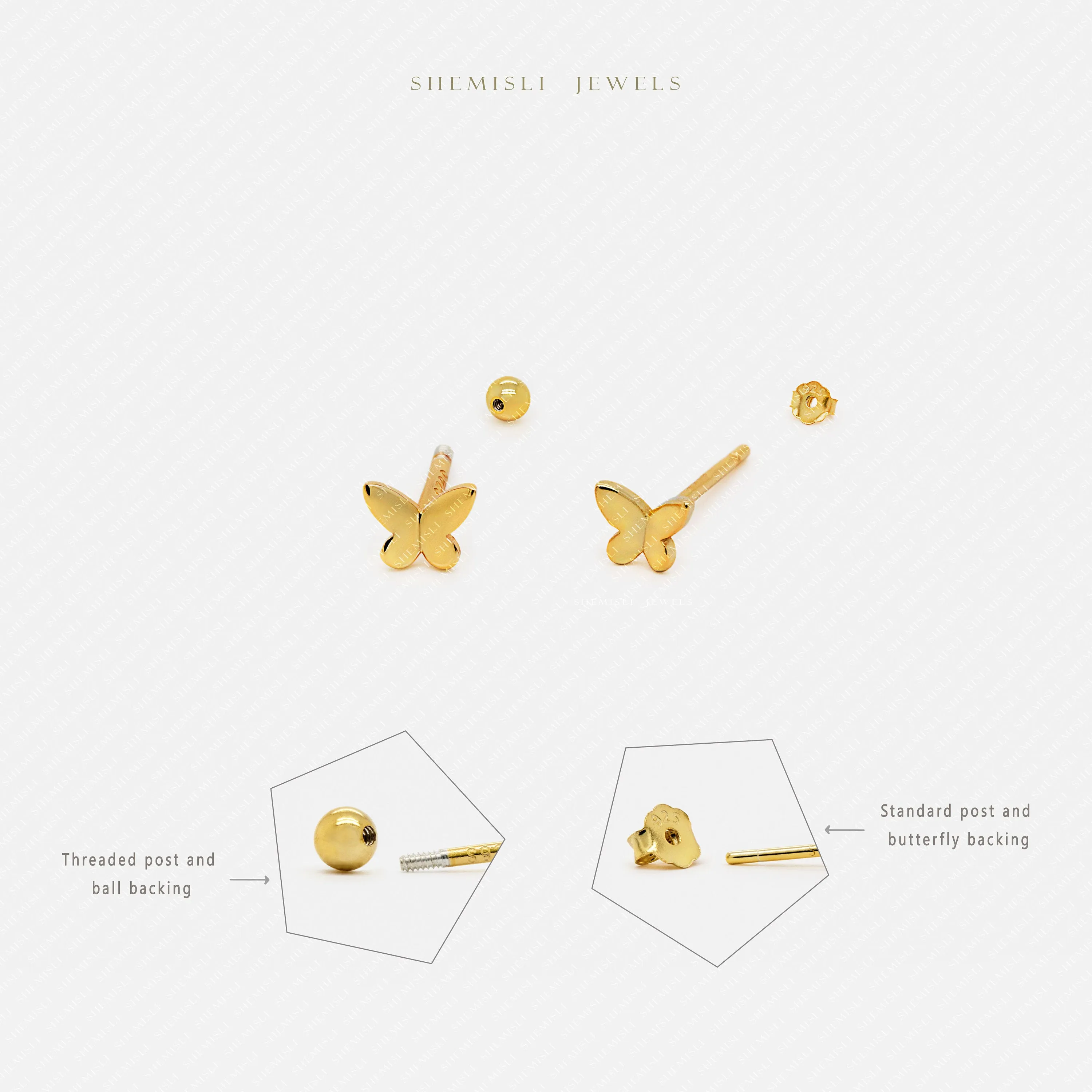 Tiny Butterfly Studs Earrings, Unisex, Gold, Silver - SS042 Butterfly End, SS486 Screw Ball End (Type A)