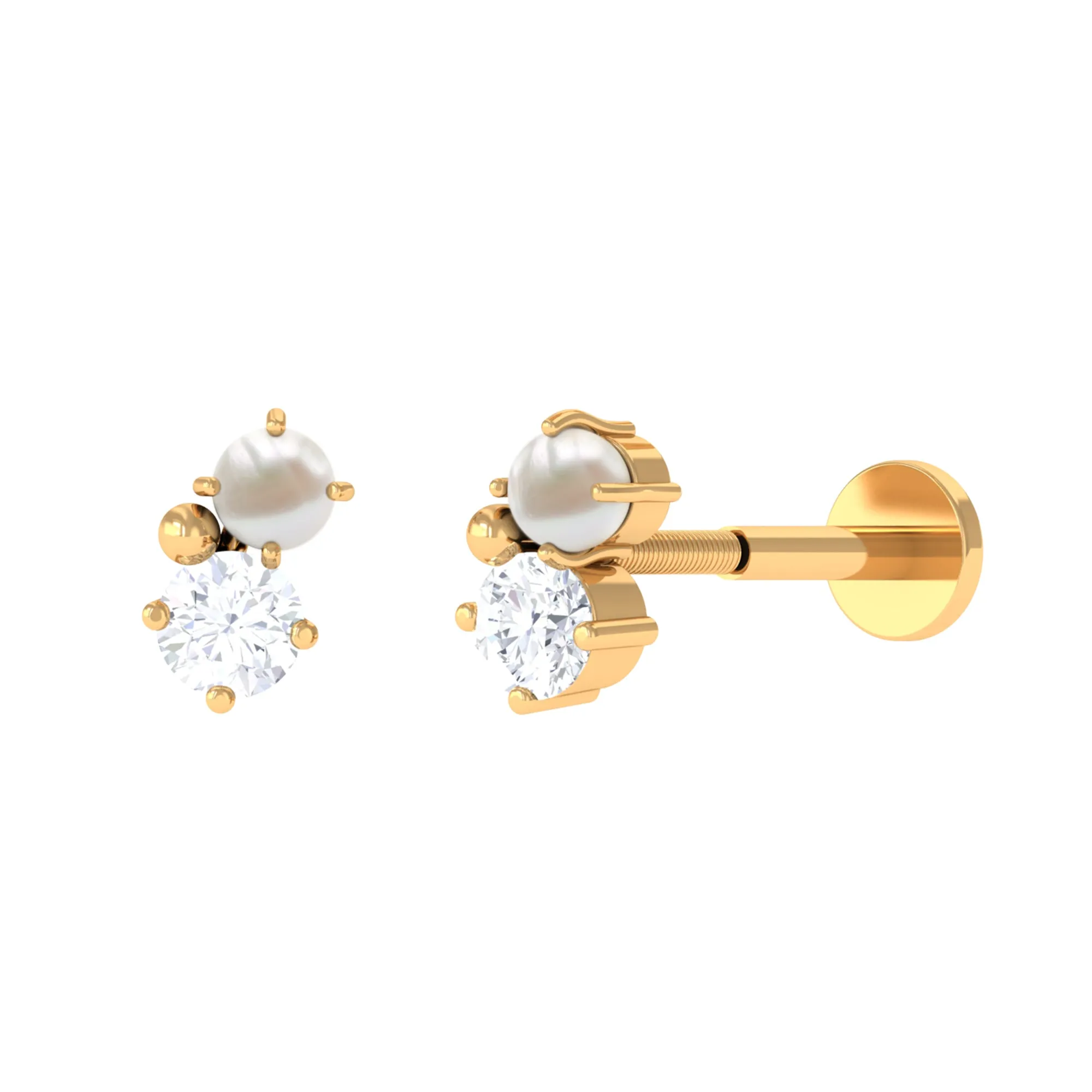 Tiny Freshwater Pearl and Moissanite Two Stone Tragus Earring