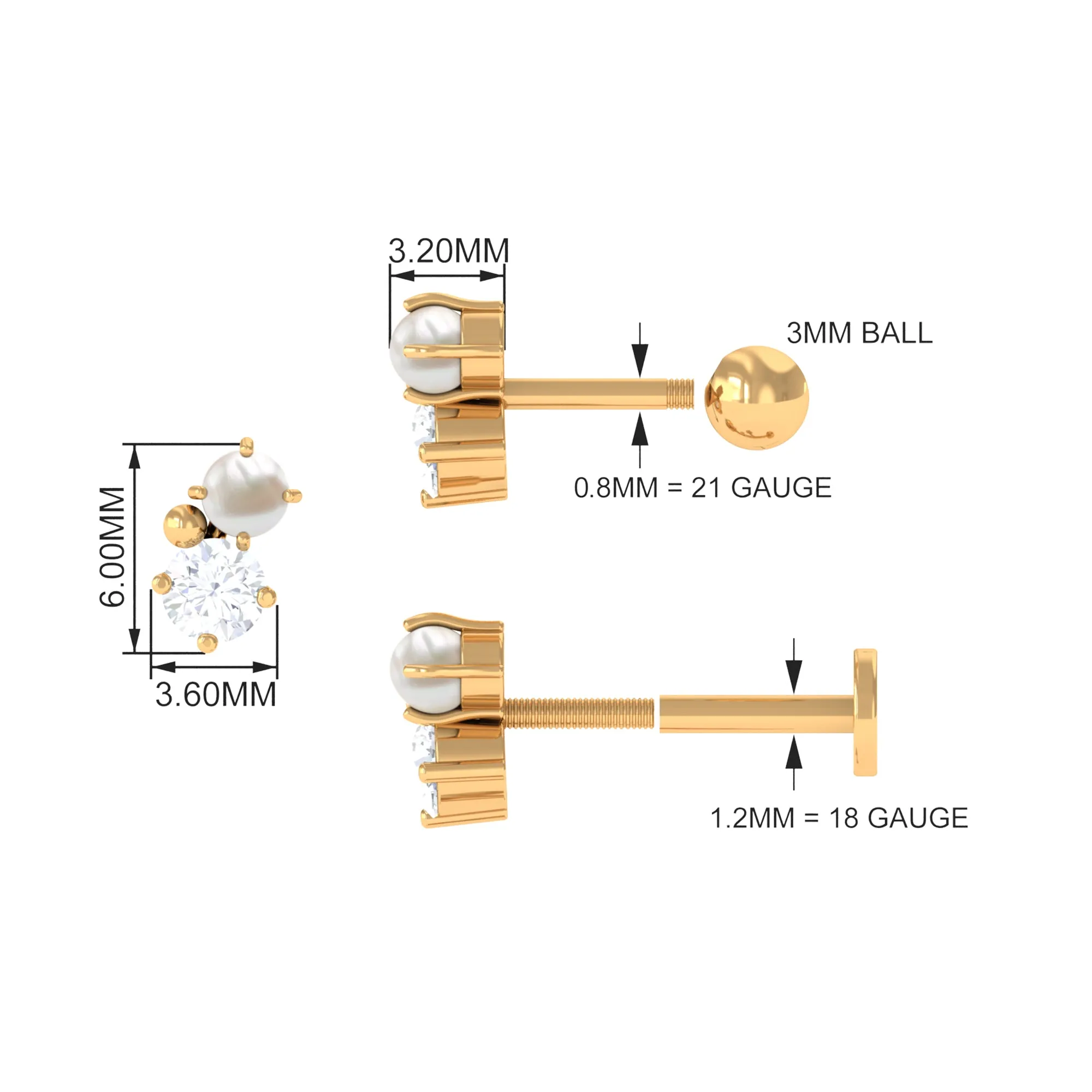 Tiny Freshwater Pearl and Moissanite Two Stone Tragus Earring