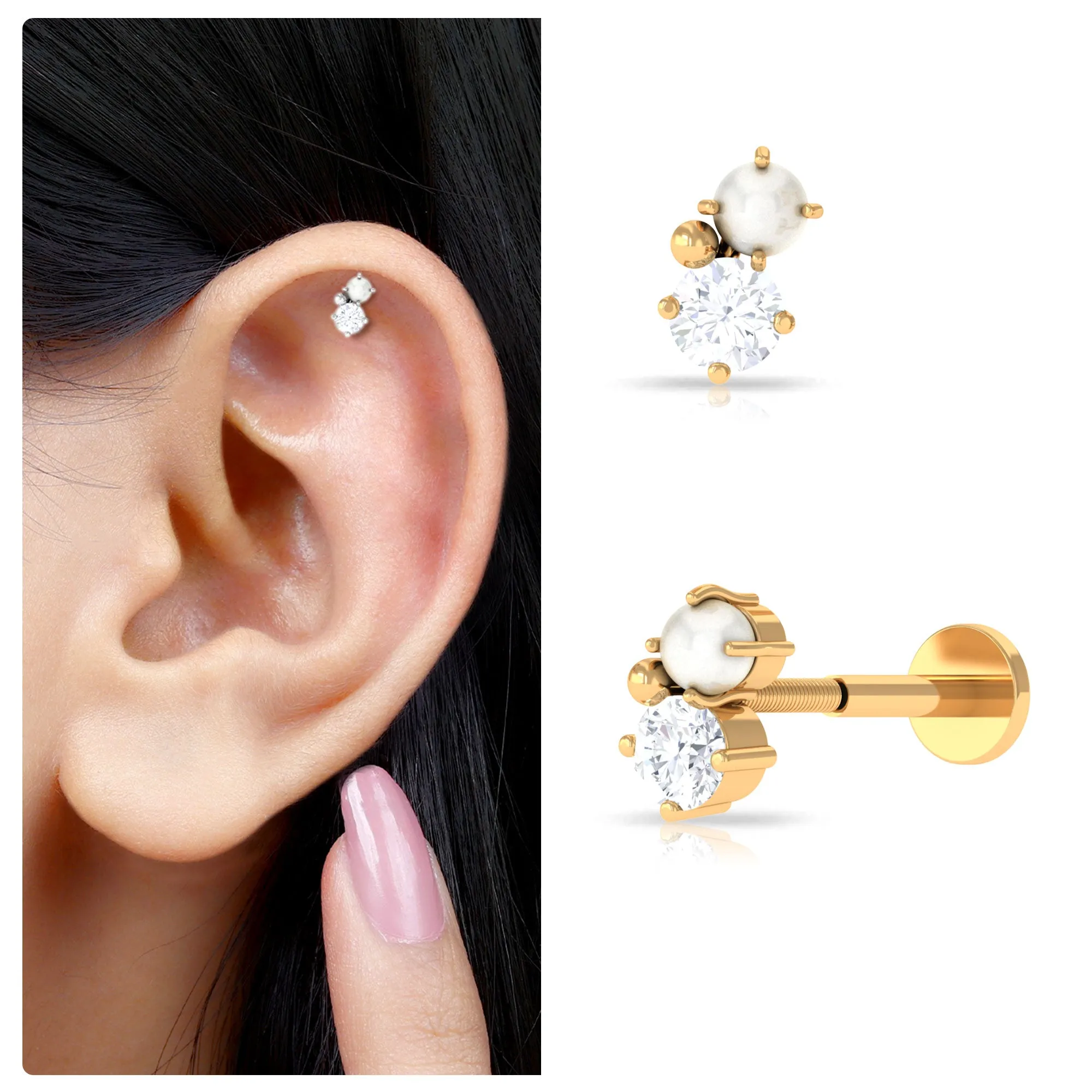 Tiny Freshwater Pearl and Moissanite Two Stone Tragus Earring