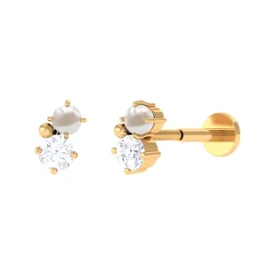 Tiny Freshwater Pearl and Moissanite Two Stone Tragus Earring