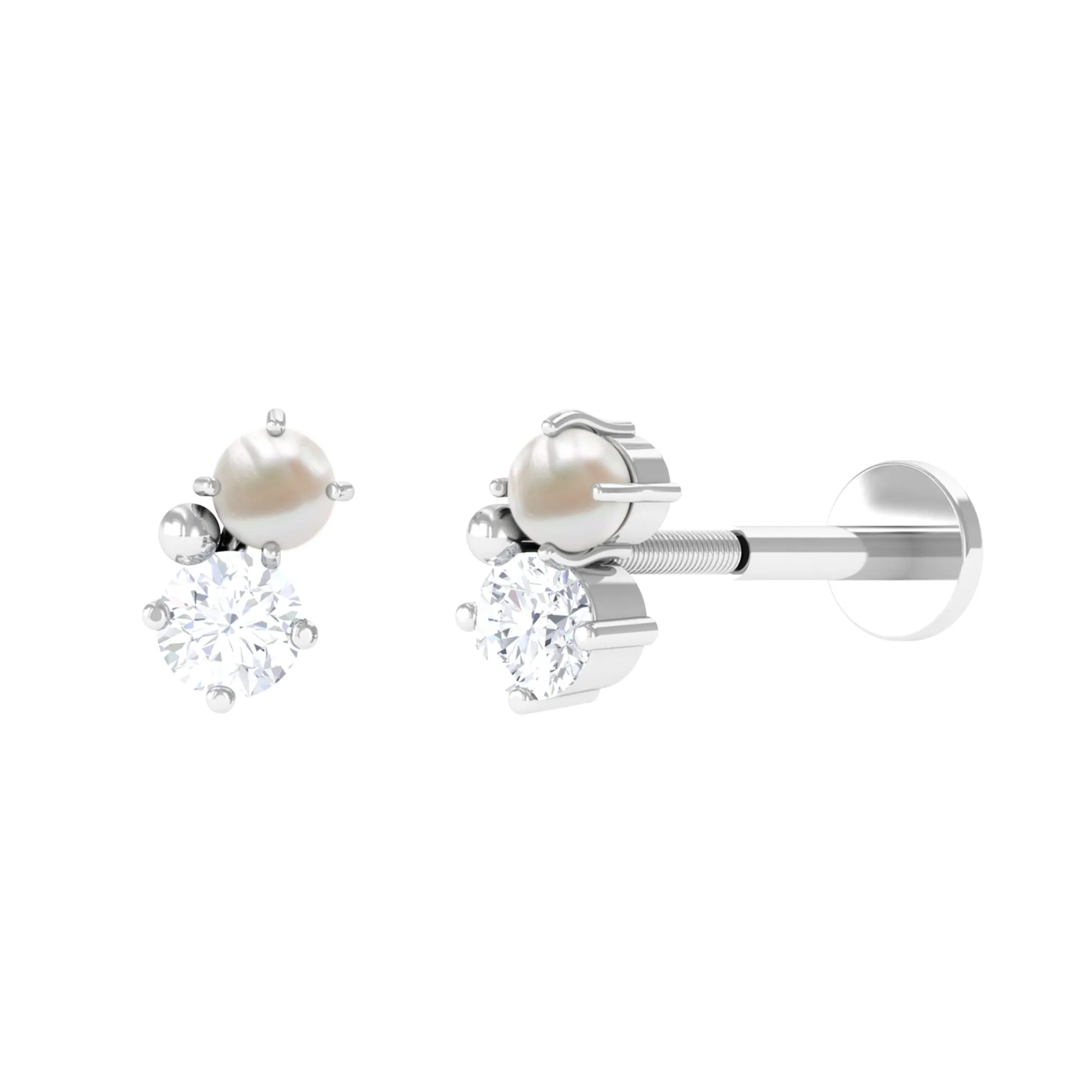 Tiny Freshwater Pearl and Moissanite Two Stone Tragus Earring