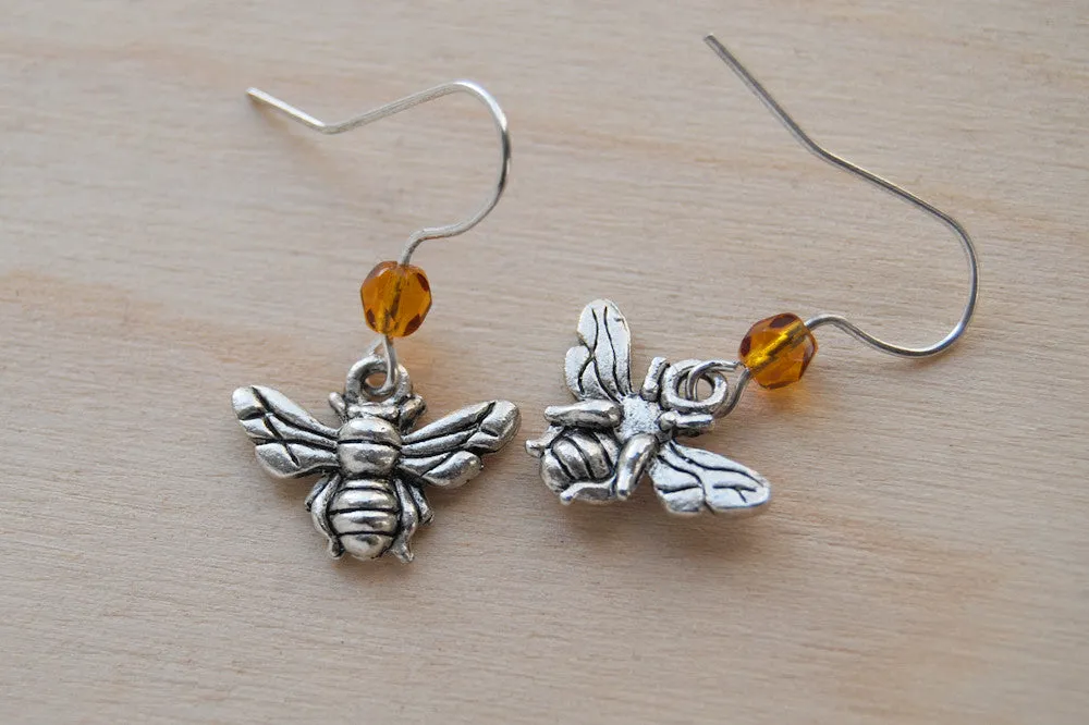Tiny Silver Bee Earrings | Cute Insect Bug Charm Jewelry | Little Honey Bee Dangle Earrings