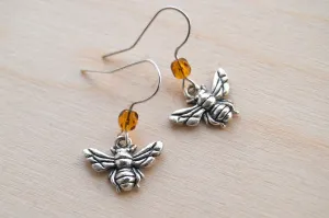 Tiny Silver Bee Earrings | Cute Insect Bug Charm Jewelry | Little Honey Bee Dangle Earrings