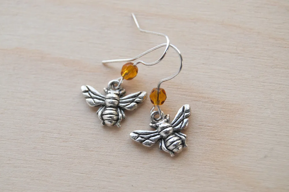 Tiny Silver Bee Earrings | Cute Insect Bug Charm Jewelry | Little Honey Bee Dangle Earrings