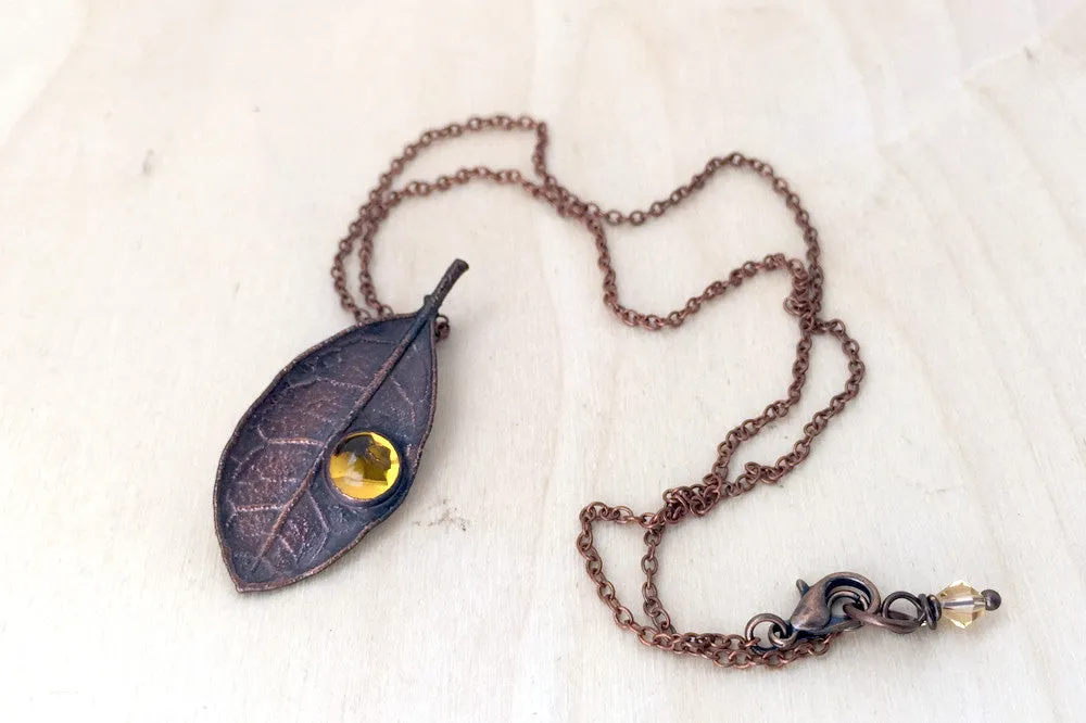 Topaz and Copper Guava Leaf Necklace | Copper Electroformed Nature Jewelry