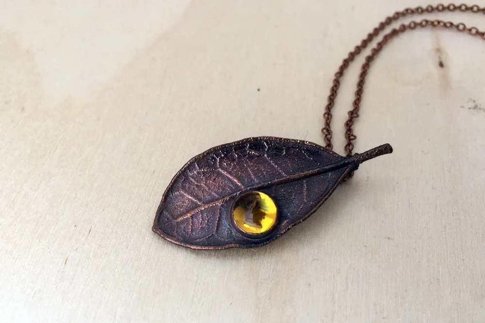 Topaz and Copper Guava Leaf Necklace | Copper Electroformed Nature Jewelry